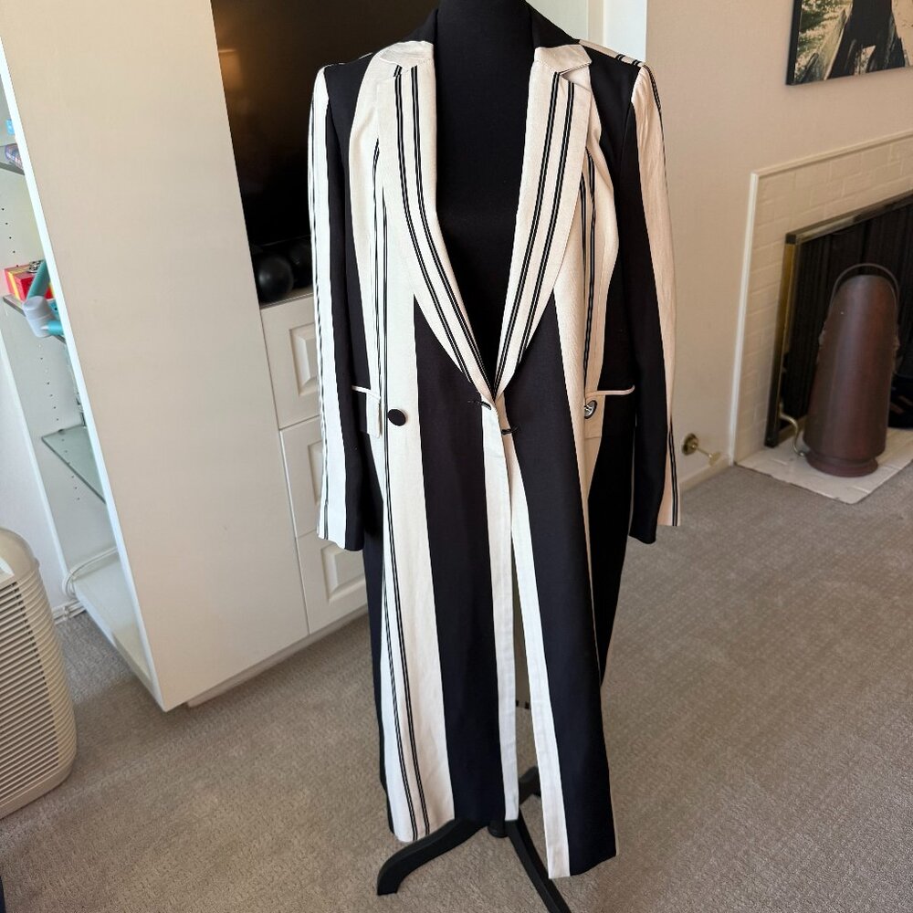 Zara Woman Black/Off White Striped Longline Blazer Coat Jacket Linen Blend - Picture 3 of 9